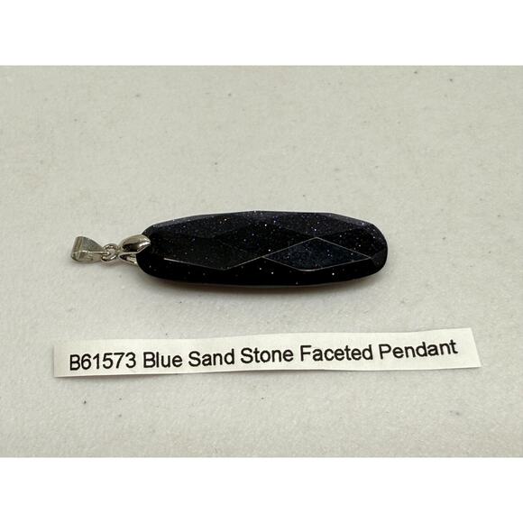 Sandstone Faceted Pendant 925 Sterling Silver Bale Oval Navy Blue Sparkling 6.8g - Picture 7 of 11